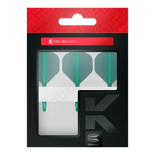 Dies ist eine Packung mit drei grünen Dartflights der Marke Target. Die Verpackung ist schwarz mit einem roten oberen Rand und einem Sichtfenster.