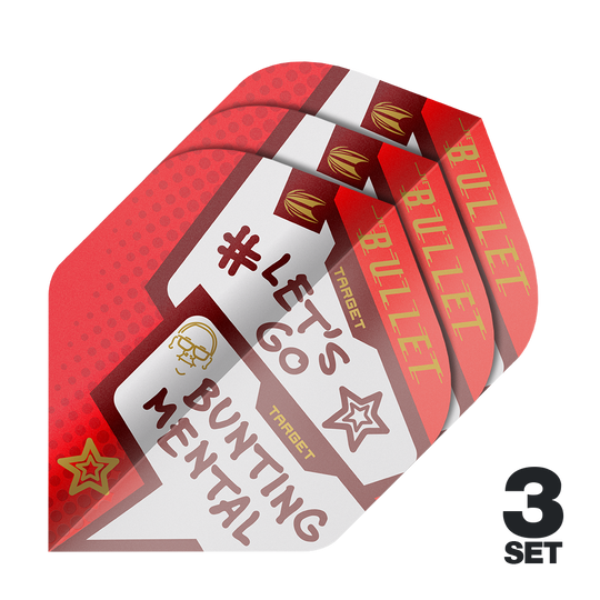 Das Bild zeigt drei Sätze der Target Pro Ultra Stephen Bunting Mental No2 Standard Flights für Darts. Die Flights sind rot-weiß gestaltet und tragen Aufschriften wie "#LET'S GO BUNTING MENTAL" und "BULLET".
