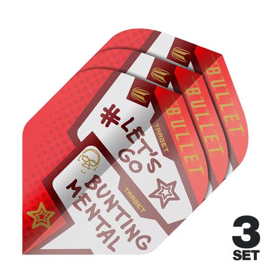 Target Pro Ultra Stephen Bunting Mental No2 Standard Flights - 3 Sets Das Bild zeigt drei Sätze der Target Pro Ultra Stephen Bunting Mental No2 Standard Flights für Darts. Die Flights sind rot-weiß gestaltet und tragen Aufschriften wie "#LET'S GO BUNTING MENTAL" und "BULLET".