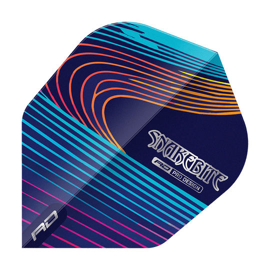 Red Dragon Peter Wright Snakebite Multi No6 Flights Das Bild zeigt einen bunten Dartflight mit geschwungenen Linien in Blau, Lila, Orange und Gelb. Auf dem Flight steht der Schriftzug "Snakebite" sowie "RD Pro Design".