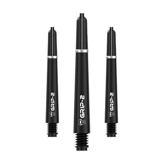BS55061_Bulls_B-Grip-2_SL_Shafts_Schwarz_41mm_1 Das Bild zeigt drei schwarze Bulls B-Grip-2 SL Shafts für Darts. Sie sind in unterschiedlichen Längen angeordnet und haben eine weiße Beschriftung.