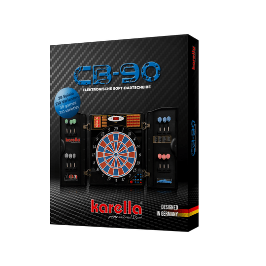 Electronic dartboard CB 90 tournament version Auf dem Bild ist die Verpackung einer elektronischen Dartscheibe "CB 90 Turnierausführung" von Karella zu sehen. Die Dartscheibe bietet 38 Spiele mit 210 Varianten und ist "Designed in Germany".