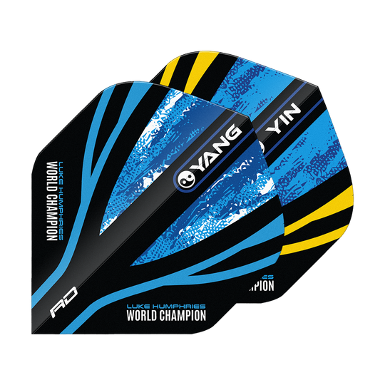 Das Bild zeigt die "Red Dragon Luke Humphries World Champion Blue Gold Yin Yang Standard Flights". Die Flights sind in Blau, Schwarz und Gelb gestaltet und tragen die Aufschrift "World Champion" sowie "YIN" und "YANG".