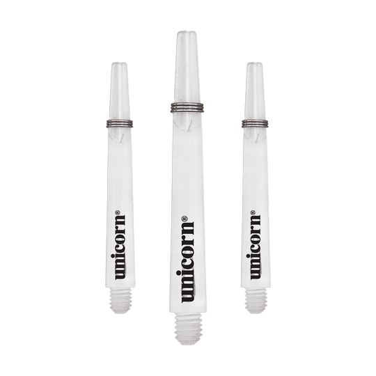 Das Bild zeigt drei transparente Unicorn Gripper 3 Mirage Shafts mit einer Länge von 44,2 mm. Auf jedem Schaft steht das Wort "unicorn" in schwarzer Schrift.