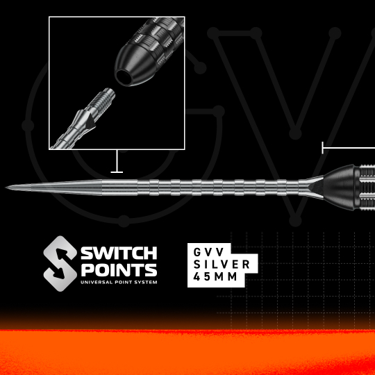 Das Bild zeigt die Winmau Gian Van Veen TS-PRO Switch Point Steeldarts. Die Darts liegen parallel zueinander und sind komplett zu sehen.
