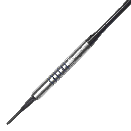 McDart 85 Tungsten V19 soft darts - 16.5g Dies ist ein McDart 85er Tungsten V19 Softdart mit einem Gewicht von 16,5g. Der Dart hat einen silbernen Barrel mit schwarzen Rillen und einer schwarzen Spitze.
