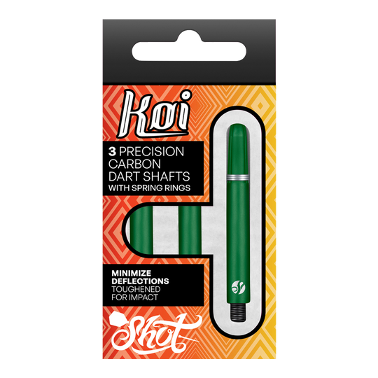 Shot Koi Carbon Shafts - Green Vier Dart-Schäfte sind aufgereiht. Die Details der Schäfte sind klar und deutlich.