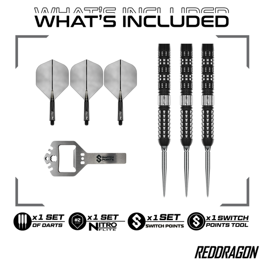 Das Bild zeigt Red Dragon Recon Parallel Steeldarts. Es handelt sich um hochwertige Steeldarts mit einem modernen Design.
