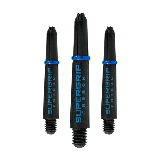 HR363_Harrows_Supergrip_Carbon_Shafts_Aqua_33mm_1wR71flaYlFaPR Das Bild zeigt drei Harrows Supergrip Carbon Shafts in der Farbe Aqua. Die Dartschäfte sind schwarz mit blauer Aufschrift und einem blauen Ring.