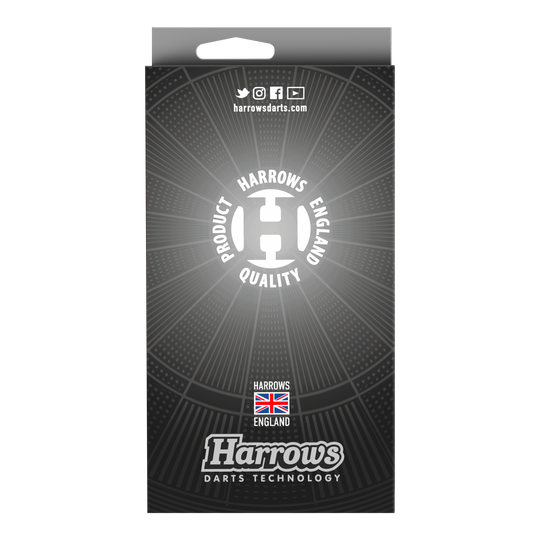 Harrows Siege Steeldarts Die Abbildung zeigt die Verpackung der Harrows Siege Steeldarts. Die Vorderseite ist schwarz-grau gestaltet und trägt das Harrows-Logo sowie den Hinweis auf Qualität und Herkunft aus England.
