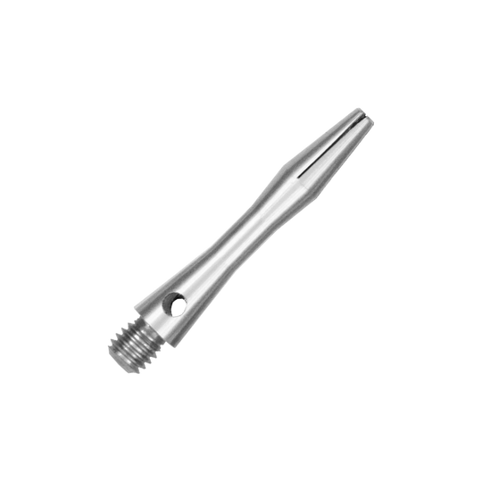 516_Aluminium_Shafts_Silber_30mm_2 Dies ist ein silberner Aluminiumschaft. Er hat ein schlankes, glänzendes Design mit einem Gewinde am Ende.