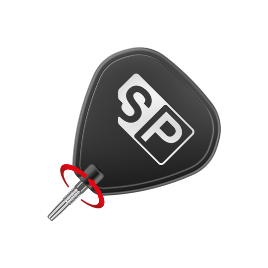 Target Swiss Firepoint Silver dart tips Das Bild zeigt eine schwarze Dartspitze mit der Aufschrift "SP" in Weiß. Neben der Spitze befindet sich ein roter Pfeil, der eine Drehbewegung anzeigt.