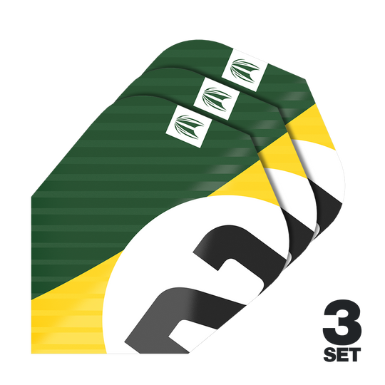 Das Bild zeigt drei Dart-Flights im grünen, gelben und weißen Design. Unten rechts steht "3 SET", was auf drei Sets hinweist.