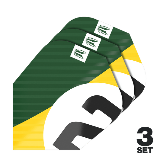Target Pro Ultra Chicane Green Ten-X Flights - 3 Sets Das Bild zeigt drei Dart-Flights im grünen, gelben und weißen Design. Unten rechts steht "3 SET", was auf drei Sets hinweist.