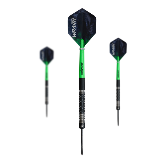Unicorn Wraith James Wade steel darts Das Bild zeigt ein Set der Unicorn Wraith James Wade Steeldarts. Diese Steeldarts sind für ein optimales Spielerlebnis entwickelt.