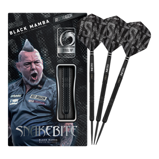 Red Dragon Peter Wright Snakebite Black Mamba Steeldarts Abgebildet ist der Red Dragon Peter Wright Snakebite Black Mamba Steeldart. Das Produkt zeichnet sich durch sein schwarzes Design und hochwertige Verarbeitung aus.