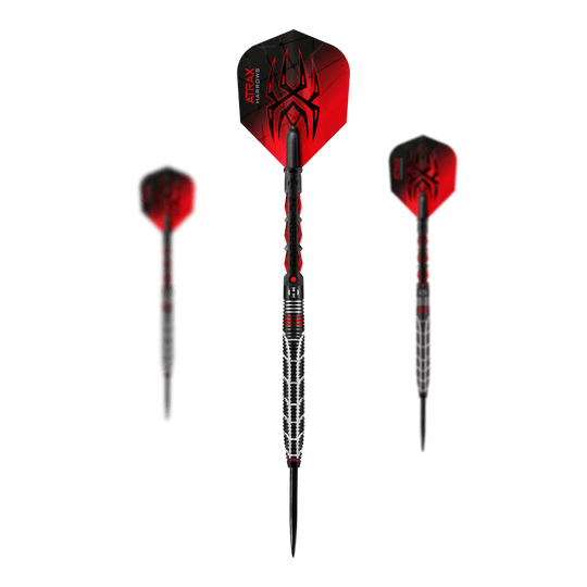 Harrows Atrax Steeldarts Das Bild zeigt drei schwarze und rote Steeldarts mit markantem Spinnennetz-Design auf den Flights. Die Spitzen und Griffe der Darts sind silbern und haben ein auffälliges Muster.