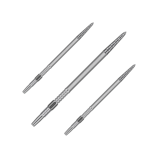 Target Swiss Point DX dart tips - Silver Das Bild zeigt drei silberne Dartspitzen, die nebeneinander angeordnet sind. Sie haben eine geriffelte Struktur und eine spitz zulaufende Form.