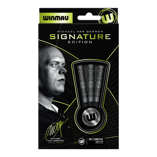 Abgebildet sind die Winmau Michael Van Gerwen Signature Edition Softdarts mit 20g Gewicht. Die Aufnahme zeigt drei einzelne Softdarts.