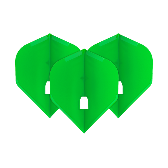Auf dem Bild sind drei grüne Dartflights zu sehen, die nebeneinander angeordnet sind. Sie haben eine klassische, symmetrische Form und sind leuchtend grün.