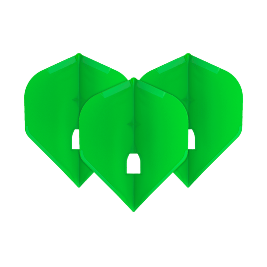 L-Style Champagne L1PRO Flights Auf dem Bild sind drei grüne Dartflights zu sehen, die nebeneinander angeordnet sind. Sie haben eine klassische, symmetrische Form und sind leuchtend grün.