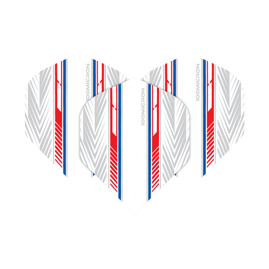 Pentathlon Flights white/red/blue Das Bild zeigt die "Pentathlon White Red Blue No2 Standard Flights". Die Flights sind überwiegend weiß mit roten, blauen und grauen Linienmustern.