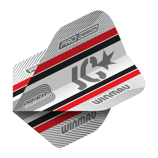 Das Bild zeigt die Winmau Alpha Joe Cullen 85 Standard Flights für Darts. Das Design ist in Silber, Rot, Schwarz und Weiß gehalten und trägt die Logos "Winmau" und "JC".