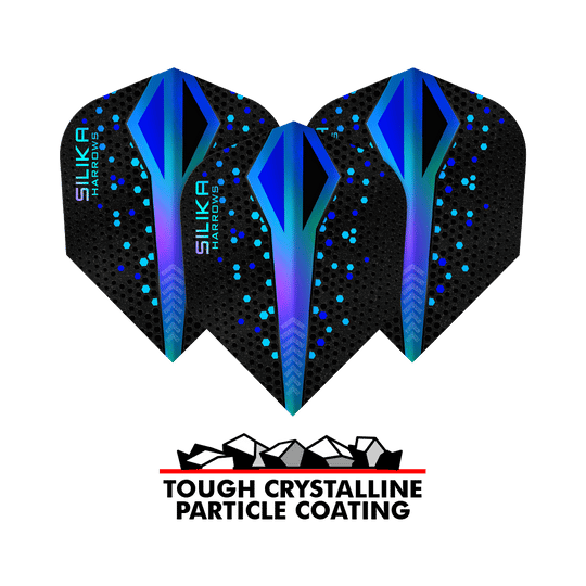 Das Bild zeigt drei Harrows Silika Colourshift Tough Crystalline Coating Blue No6 Flights. Darunter befindet sich ein Logo mit der Aufschrift "Tough Crystalline Particle Coating".