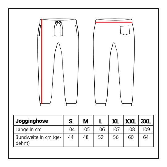 Abgebildet ist die Größentabelle für die Löwen Kollektion Jogger. Die Tabelle hilft bei der Auswahl der passenden Größe.