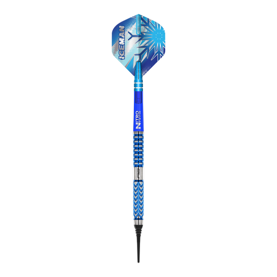 Red Dragon Gerwyn Price Glacier Softdarts - 18g Dieses Bild zeigt den Red Dragon Gerwyn Price Glacier Softdart mit einem Gewicht von 18g. Der Dart hat ein auffälliges blaues Design mit eisigen Mustern und dem Schriftzug "ICEMAN" auf der Flights.