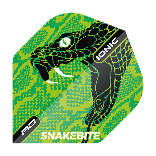 TF6571_Red_Dragon_Hardcore_Ionic_Snakebite_Green_Head_Standard_Flights_1lSzjfFhy26jHO Das Bild zeigt das Produkt "Red Dragon Hardcore Ionic Snakebite Green Head Standard Flights". Auf dem Flight ist ein grüner Schlangenkopf mit hervorgehobenen weißen Reißzähnen abgebildet, dazu stehen die Wörter "IONIC" und "SNAKEBITE".