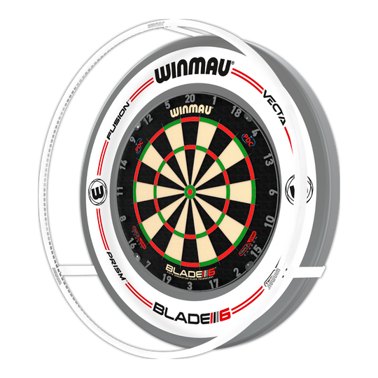 Das Bild zeigt ein Winmau Plasma Ice LED Beleuchtung und Surround Bundle mit einer Dartscheibe. Die Scheibe ist von einem beleuchteten Ring und einem weißen Surround umgeben.