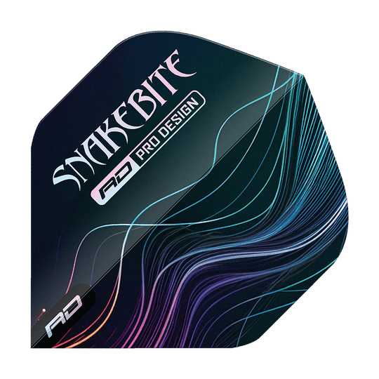 Red Dragon Hardcore Peter Wright Multi No2 Standard Flights Das Bild zeigt ein Dart-Flight mit dem Aufdruck "SNAKEBITE" und "RD PRO DESIGN". Auf dem Flight sind bunte Linien auf dunklem Hintergrund zu sehen.