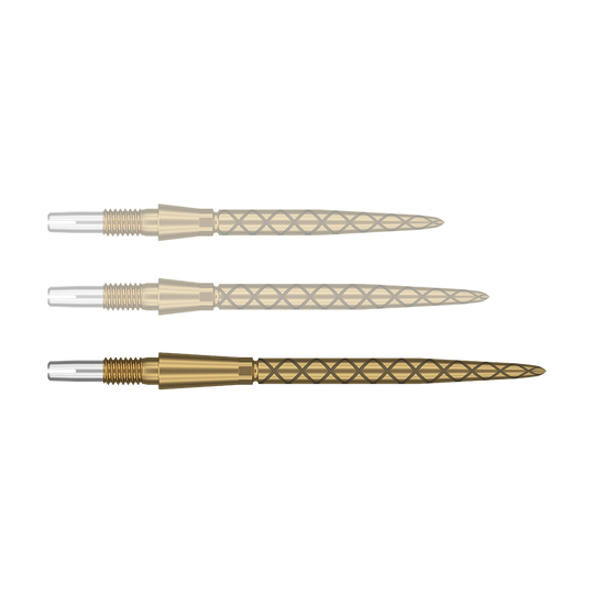 Target Swiss Storm Diamond Point Dart Tips - Gold Das Bild zeigt drei goldfarbene Dartspitzen mit einem rautenförmigen Muster. Die Enden der Spitzen sind silbern und haben ein Gewinde zum Befestigen.