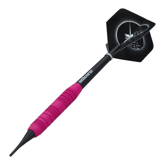 Das Bild zeigt einen pinken, gummierten Softdart namens "Unicorn Core Plus" mit einem Gewicht von 19g. Der Dartpfeil hat einen schwarzen Schaft und Flights mit einem Einhorn-Design.