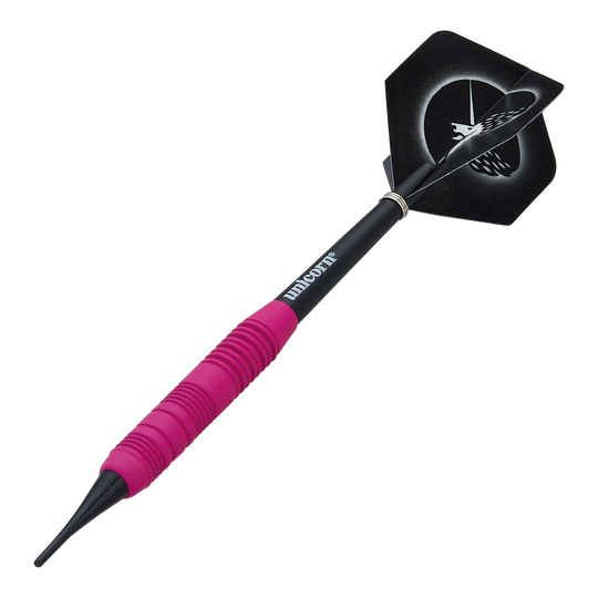 Unicorn Core Plus Rubberised Pink Softdarts - 19g Das Bild zeigt einen pinken, gummierten Softdart namens "Unicorn Core Plus" mit einem Gewicht von 19g. Der Dartpfeil hat einen schwarzen Schaft und Flights mit einem Einhorn-Design.