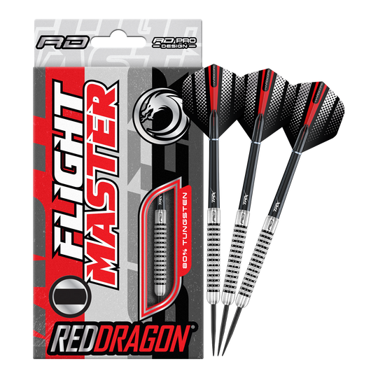 Zu sehen ist das Produkt Red Dragon Flightmaster Fury 2 Steeldarts mit einem Gewicht von 25g. Die Steeldarts sind optimal für ambitionierte Spieler geeignet.