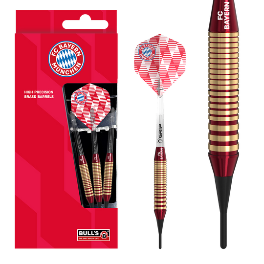 Das Bild zeigt die Bulls FC Bayern München Brass Softdarts mit einem Gewicht von 18g. Das Produkt ist speziell für Fans des FC Bayern München entworfen.