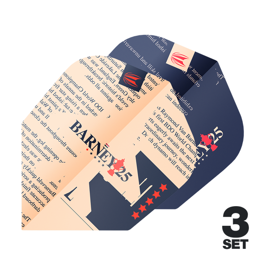 Das Bild zeigt die "Target ProUltra Raymond Van Barneveld Barney25 No6 Flights" in einem auffälligen Design mit Text und Sternen. Rechts unten ist die Information "3 Set" zu sehen.