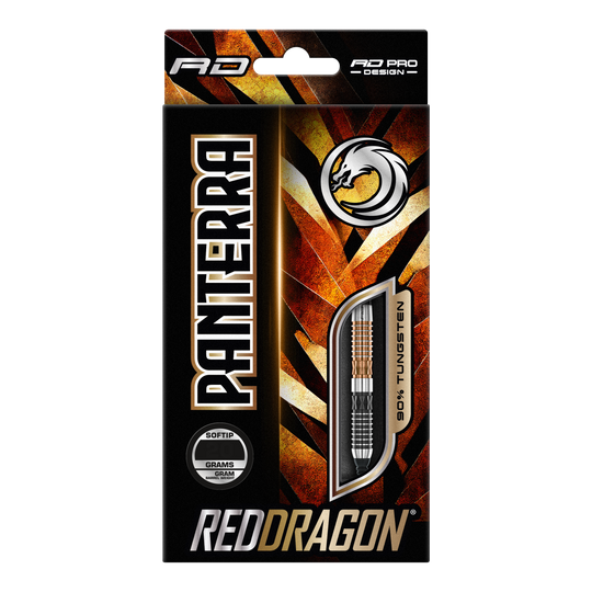 Red Dragon Panterra soft darts - 20g Das Bild zeigt eine Verpackung der "Red Dragon Panterra Softdarts - 20g". Die Packung ist auffällig gestaltet und hebt den Schriftzug "Panterra" sowie das Red Dragon-Logo hervor.