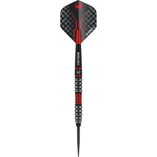 1470_Winmau_Joe_Cullen_Special_Edition_Steeldarts_1YMYzkFUEs5cUN Der Dartpfeil hat ein modernes schwarzes und rotes Design mit silbernen Akzenten. Am Schaft steht „Winmau“ und der Griff hat markante Rillen für besseren Halt.