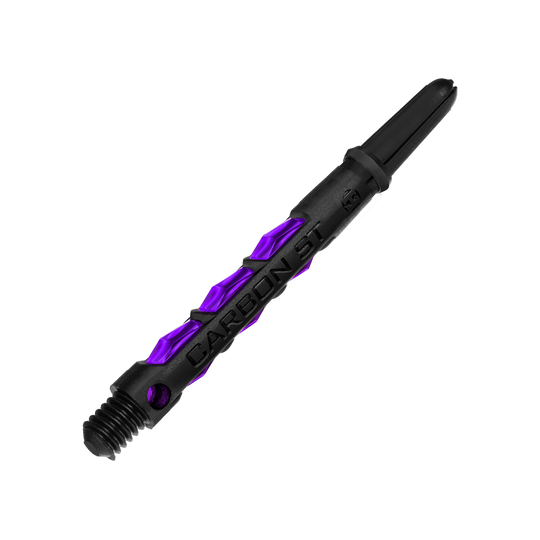 Das Bild zeigt einen Harrows Carbon ST Shaft in der Farbe Lila. Der Schaft ist schwarz mit auffälligen lila Akzenten gestaltet.