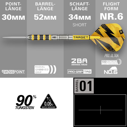 Das Bild zeigt die Target Buzz 01 Swiss Points Steeldarts. Die Darts sind speziell für Präzision und Leistung entworfen.
