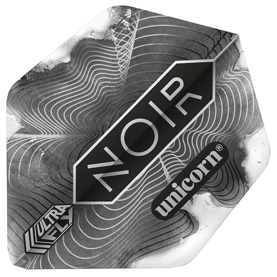 69007_p1 Das Bild zeigt ein Dart-Flight mit dem Namen "Unicorn Ultrafly 75 Ar2 Noir Organic Flights". Das Flight ist in Schwarz-Weiß gehalten und trägt die Aufschrift "NOIR" und "unicorn".
