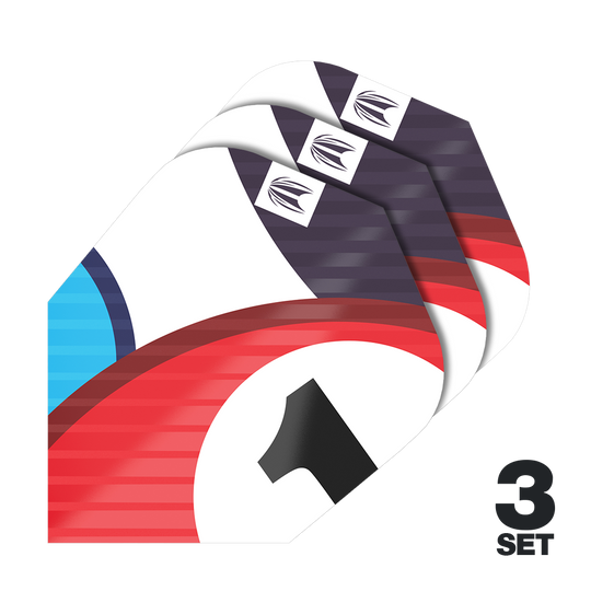 Target Pro Ultra Chicane Blue Ten-X Flights - 3 sets Das Bild zeigt drei Sets der Target Pro Ultra Chicane Blue Ten-X Flights. Die Flights haben ein farbenfrohes Design mit Rot, Blau, Weiß und Schwarz sowie einer Nummer 1.