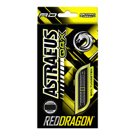 Red Dragon Astraeus Q4X Parallel Steeldarts Die Verpackung zeigt die Red Dragon Astraeus Q4X Parallel Steeldarts in einem auffälligen gelb-schwarzen Design. Das Produkt besteht zu 90% aus Tungsten und besitzt Steeltip-Spitzen.