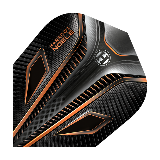 HR5_Harrows_Noble_Rich_Gold_Standard_Flights_1VIiCrVoqALs8u Das Bild zeigt das Produkt "Harrows Noble Rich Gold Standard Flights". Es hat ein modernes Design in Schwarz mit goldenen und silbernen Akzenten.