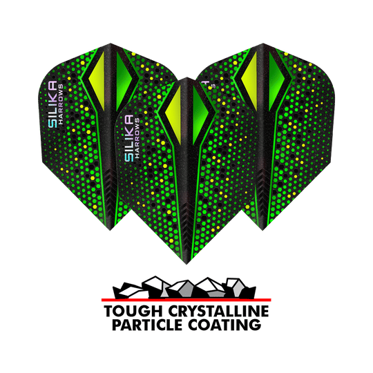 Das Bild zeigt drei grüne Harrows Silika Colourshift Tough Crystalline Coating No6 Flights für Darts. Unten befindet sich ein Logo mit der Aufschrift „Tough Crystalline Particle Coating“.