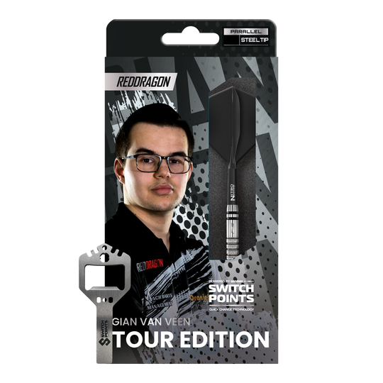 Das Bild zeigt die Red Dragon Gian Van Veen Tour Edition Switch Point Steeldarts - 21g. Die Darts haben ein modernes und robustes Design.