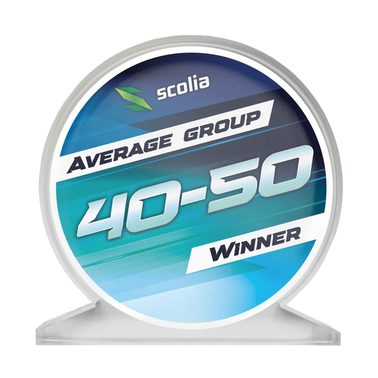 Acrylglaspokal mit der Aufschrift 'Average 40-50' ist abgebildet. Der Pokal hat eine klare, rechteckige Form.